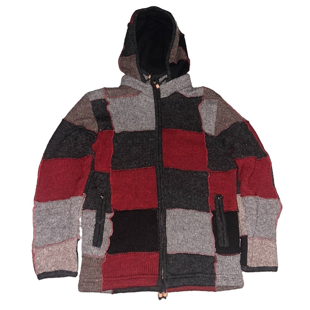 Vintage 100% Wool Patchwork Detachable Hoodie Full Zip Jacket Men Large Rare 90s